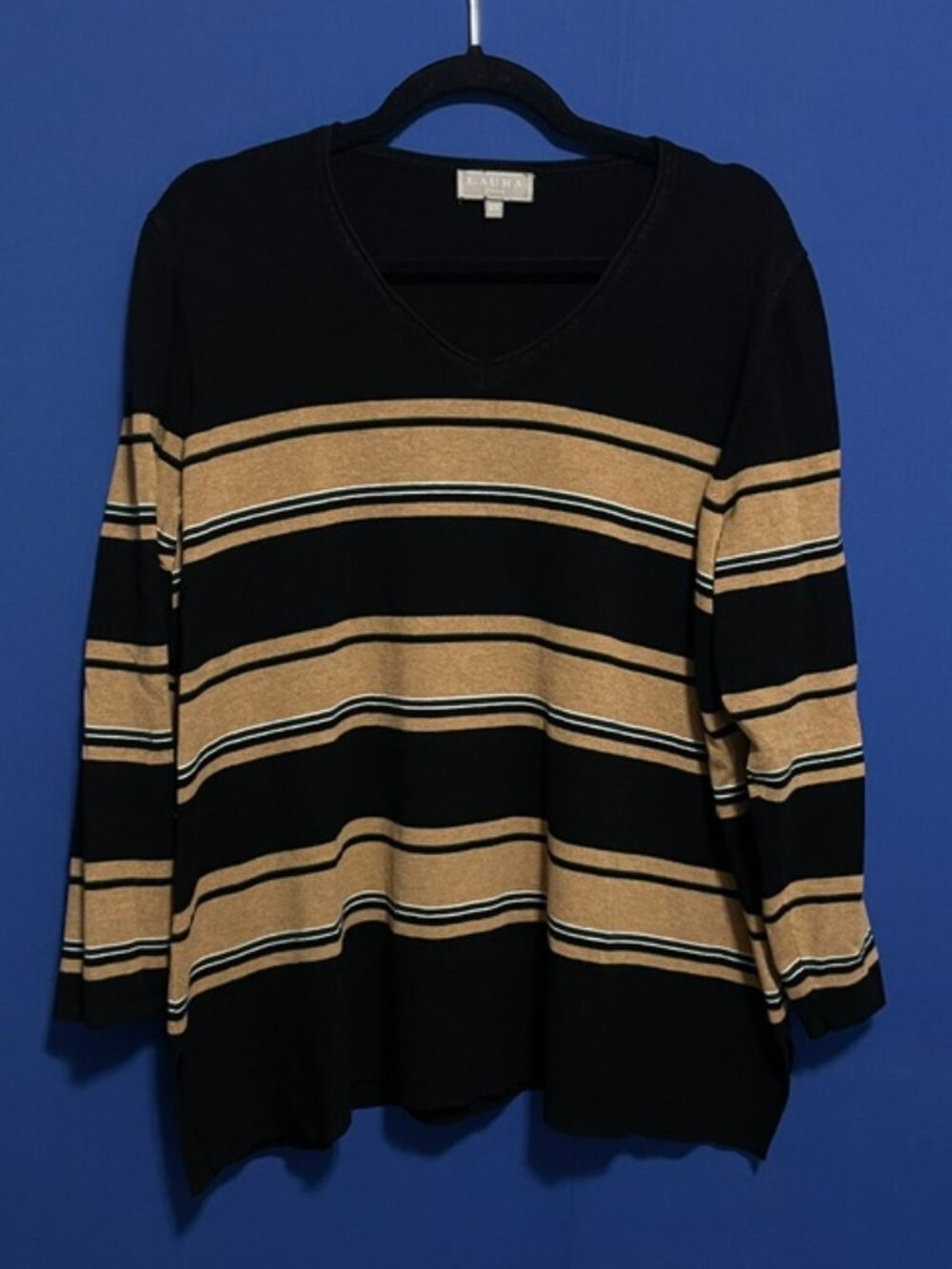 Laura Plus Black & Caramel Striped V-Neck Sweater - Size 2X